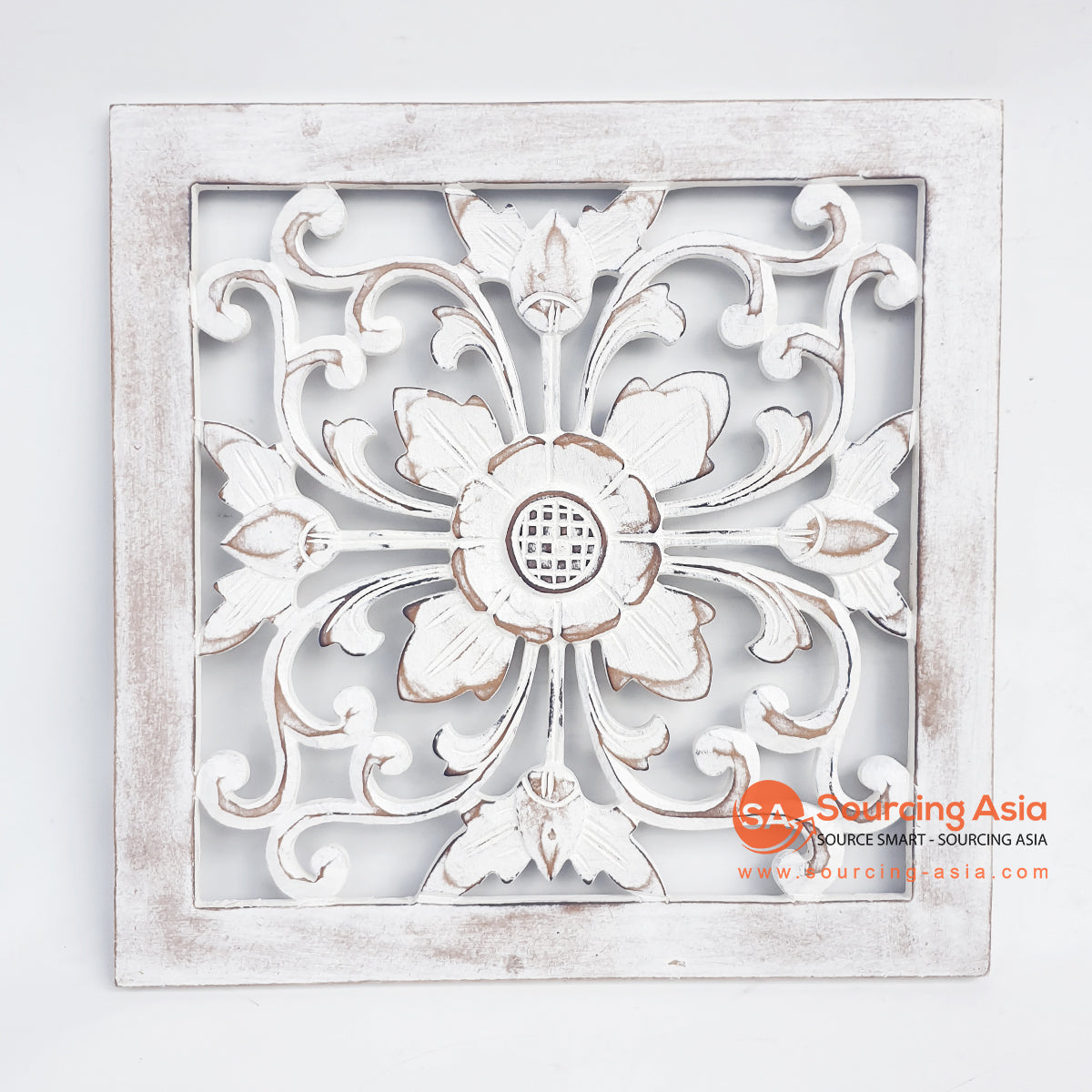 LUHC018-7 WHITE WASH WOODEN SQUARE FLOWER CARVED PANEL