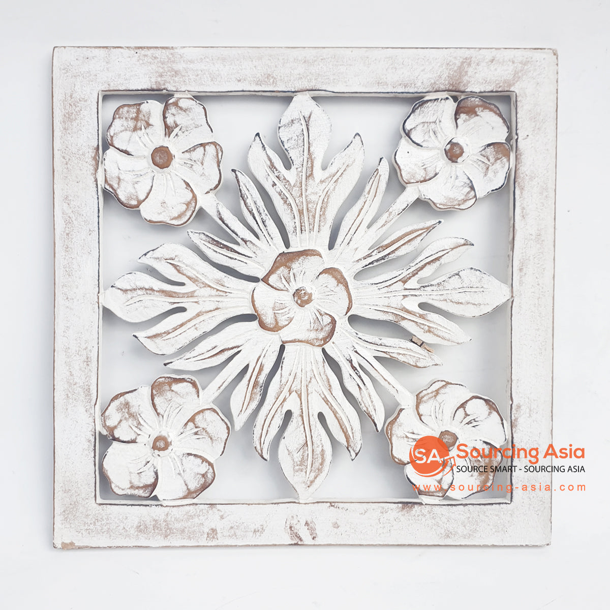 LUHC018-8 WHITE WASH WOODEN SQUARE FLOWER CARVED PANEL