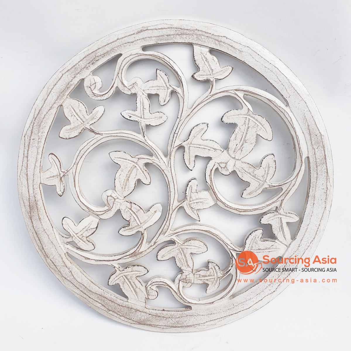 LUHC021-1 WHITE WASH WOODEN ROUND LEAVES CARVED PANEL