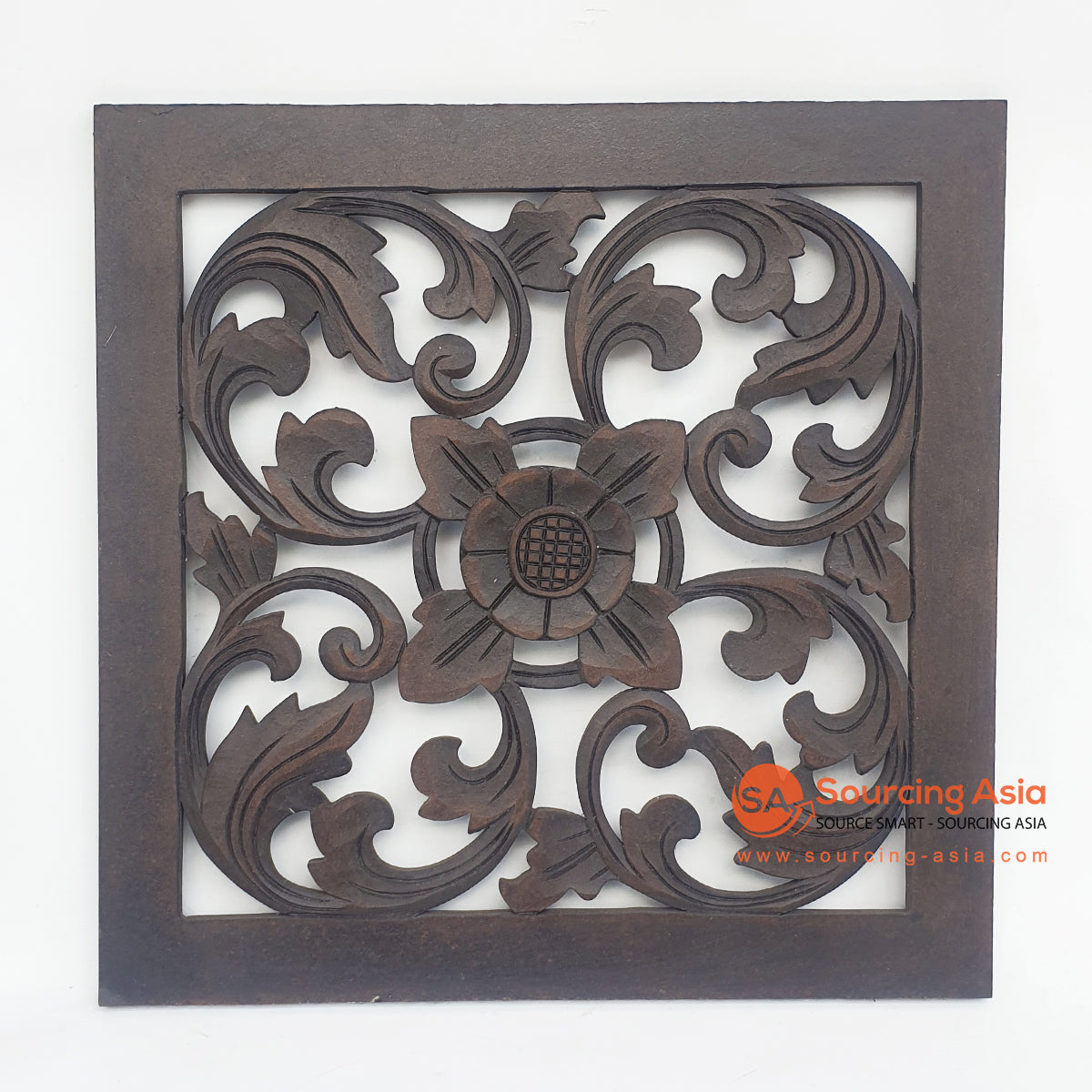 LUHC022 DARK BROWN WOODEN SQUARE FLOWER CARVED PANEL
