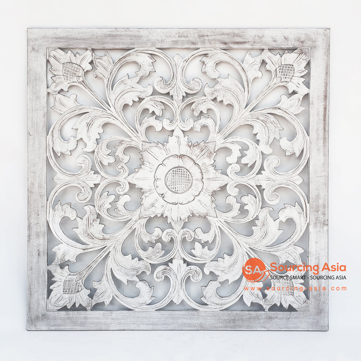 LUHC024 WHITE WASH WOODEN SQUARE FLOWER CARVED PANEL
