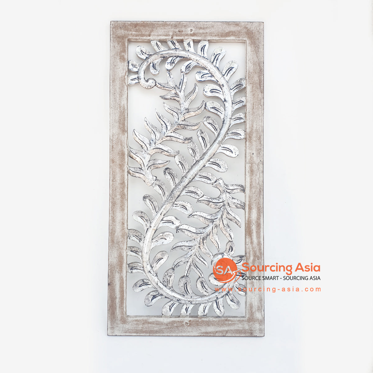 LUHC025-1 WHITE WASH WOODEN RECTANGULAR LEAVES CARVED PANEL