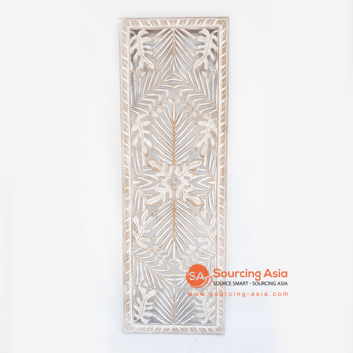 LUHC025-5 WHITE WASH WOODEN RECTANGULAR LEAVES CARVED PANEL