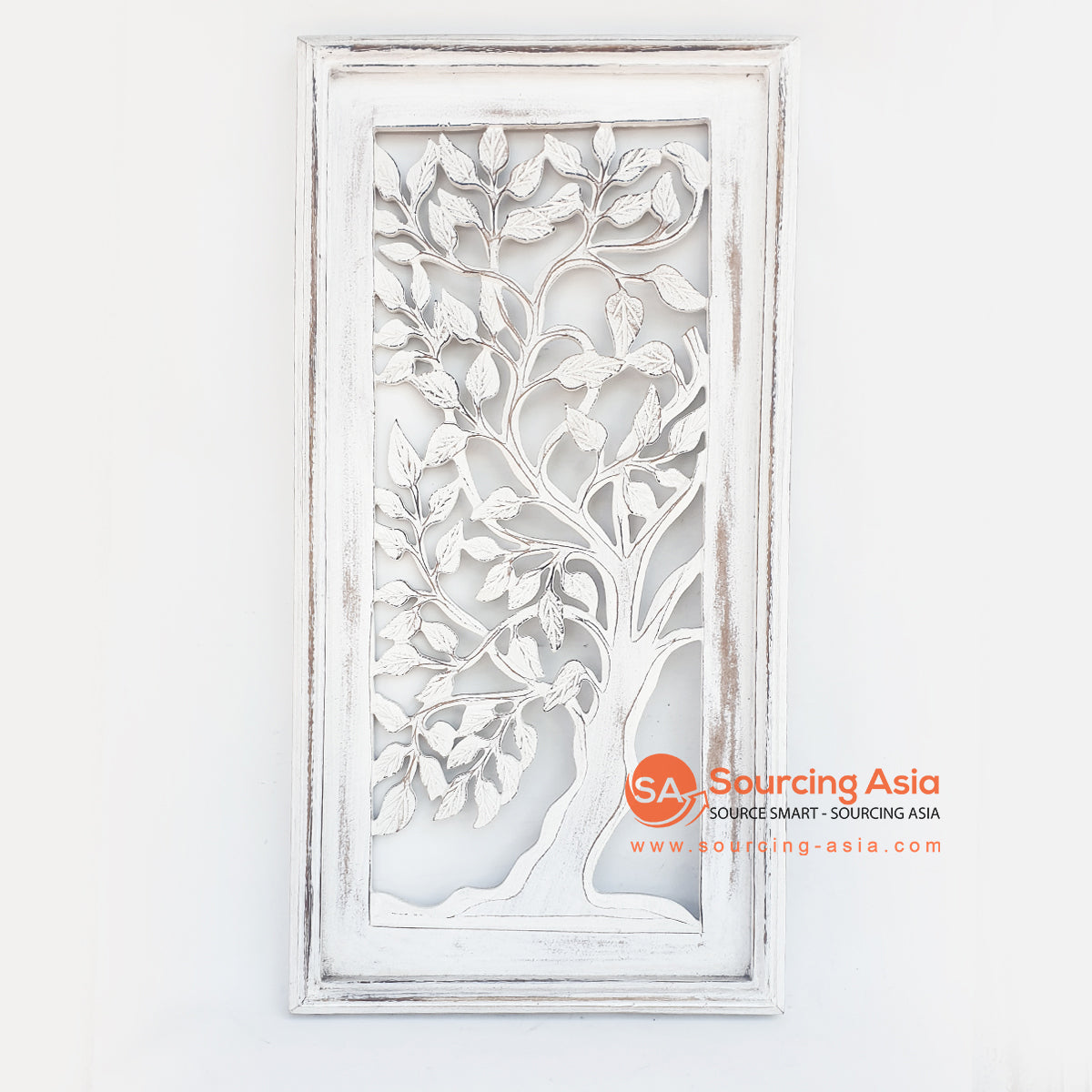 LUHC025 WHITE WASH WOODEN RECTANGULAR TREE CARVED PANEL