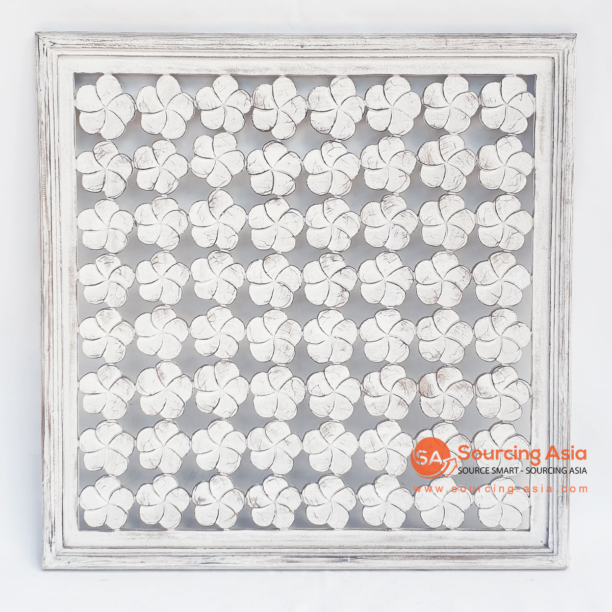 LUHC029 WHITE WASH WOODEN SQUARE FRANGIPANI CARVED PANEL