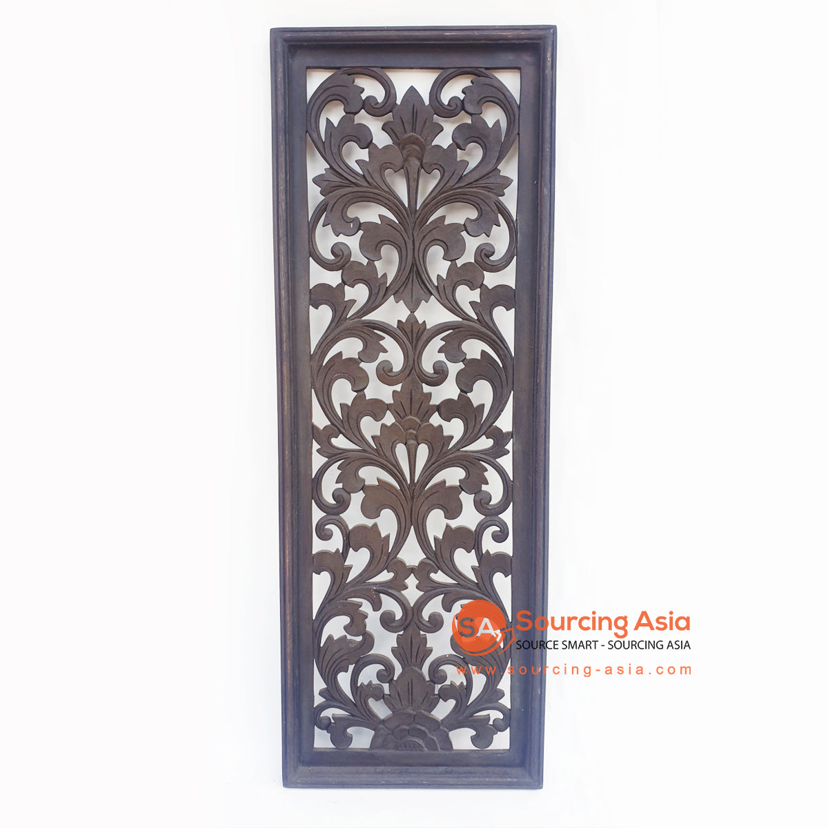 LUHC033-1 DARK BROWN WOODEN RECTANGLE FLOWER CARVED PANEL