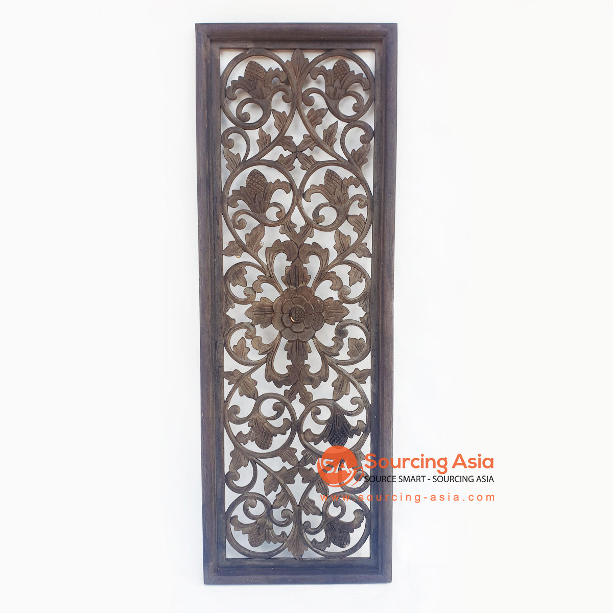 LUHC033 DARK BROWN WOODEN RECTANGLE LEAVES CARVED PANEL