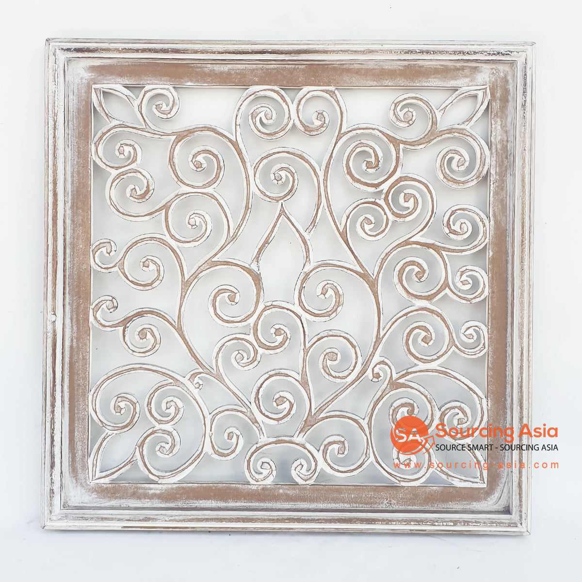 LUHC037-1 WHITE WASH WOODEN SQUARE LEAVES CARVED PANEL