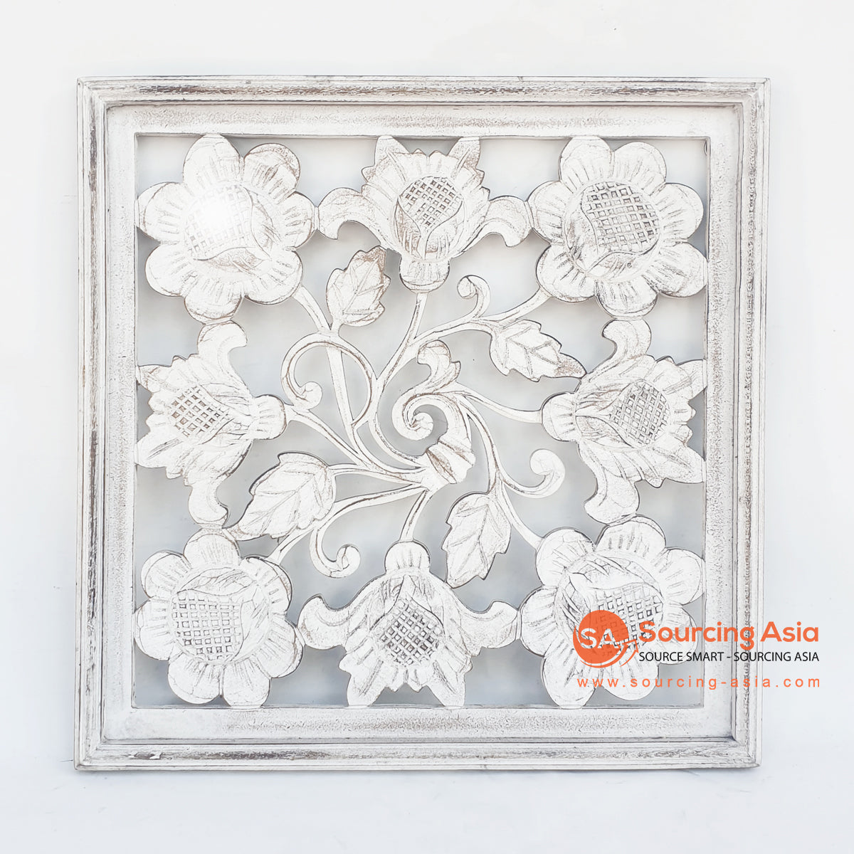 LUHC037 WHITE WASH WOODEN SQUARE LEAVES CARVED PANEL
