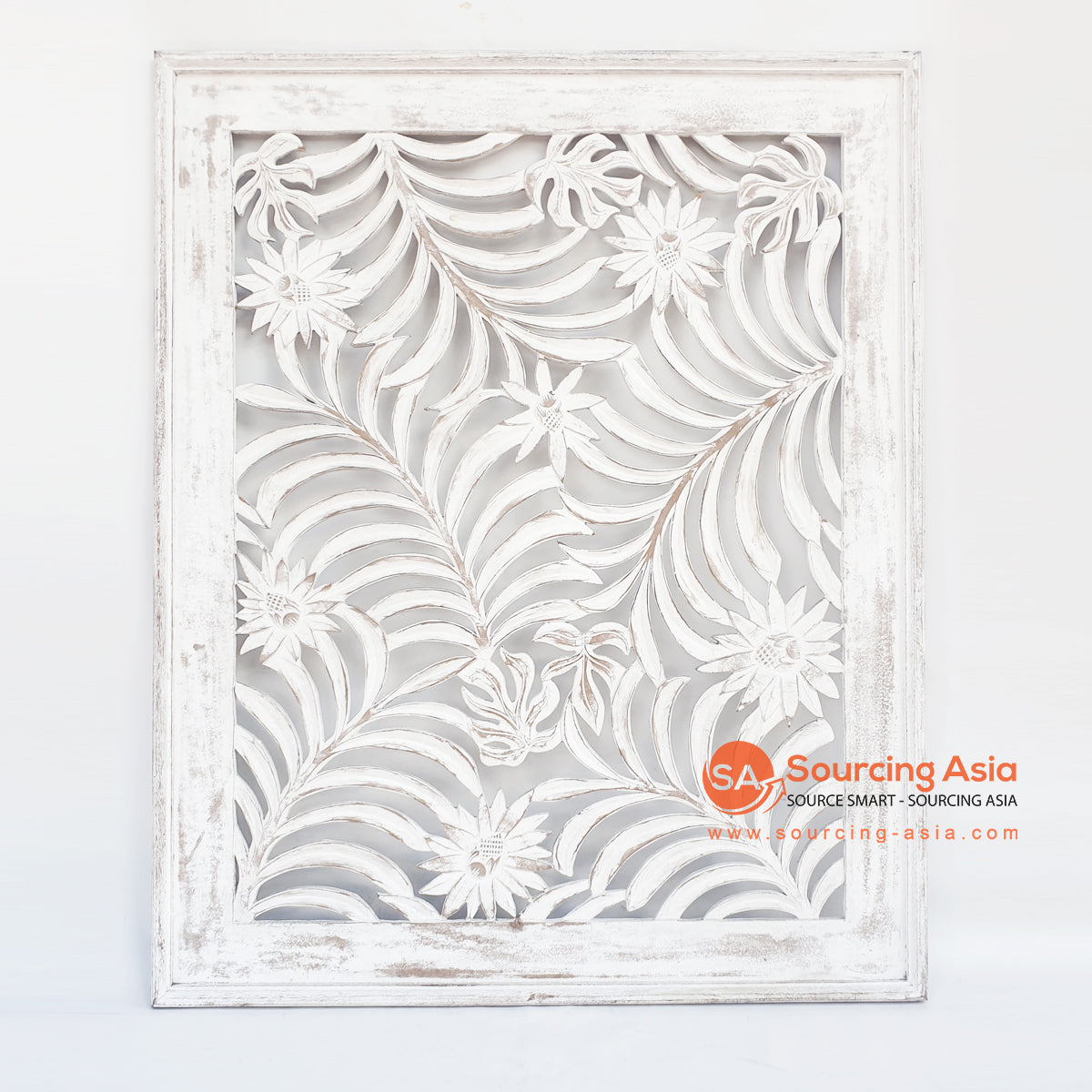 LUHC038 WHITE WASH WOODEN RECTANGLE FLOWER CARVED PANEL