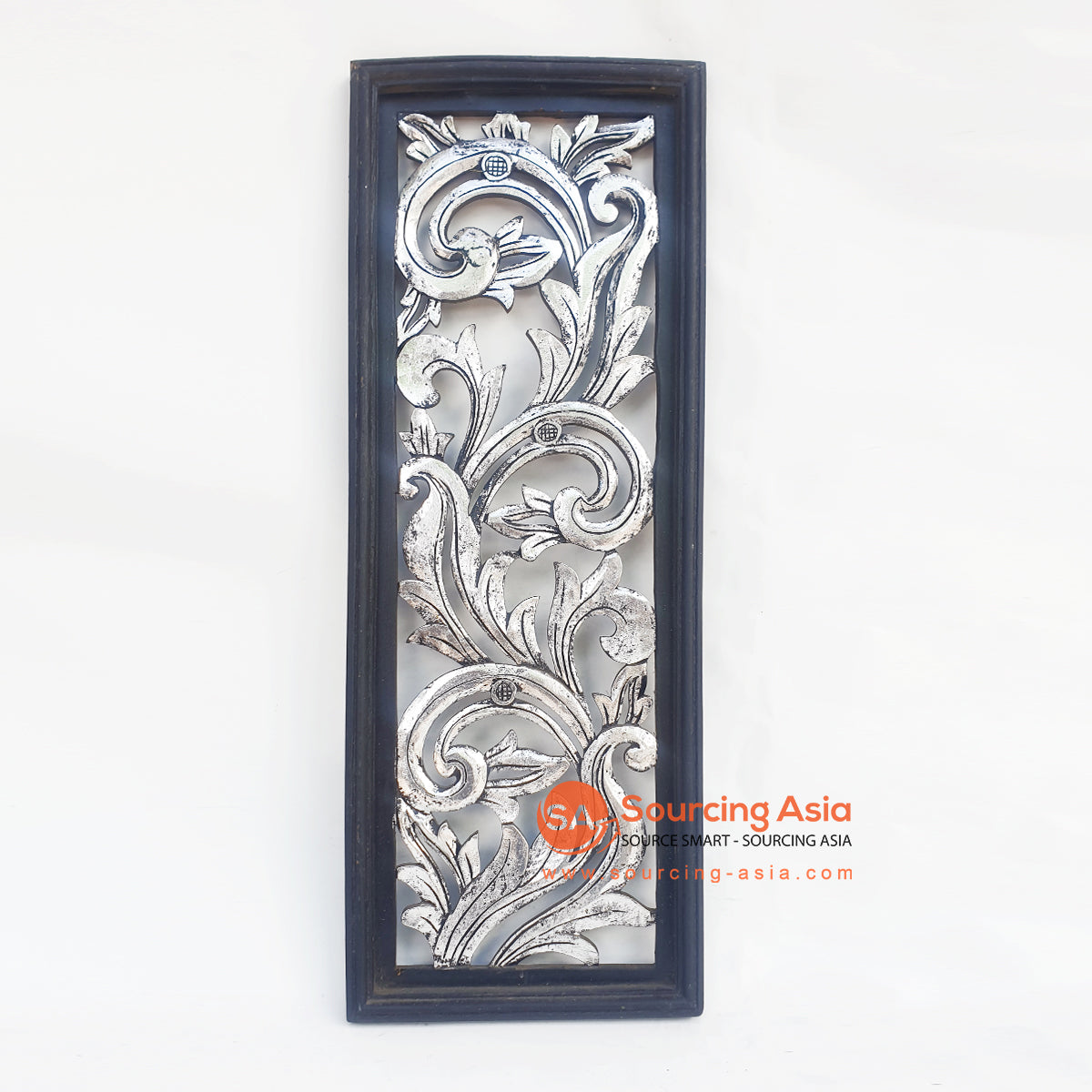 LUHC040 DARK BROWN AND SILVER WOODEN RECTANGLE LEAVES CARVED PANEL