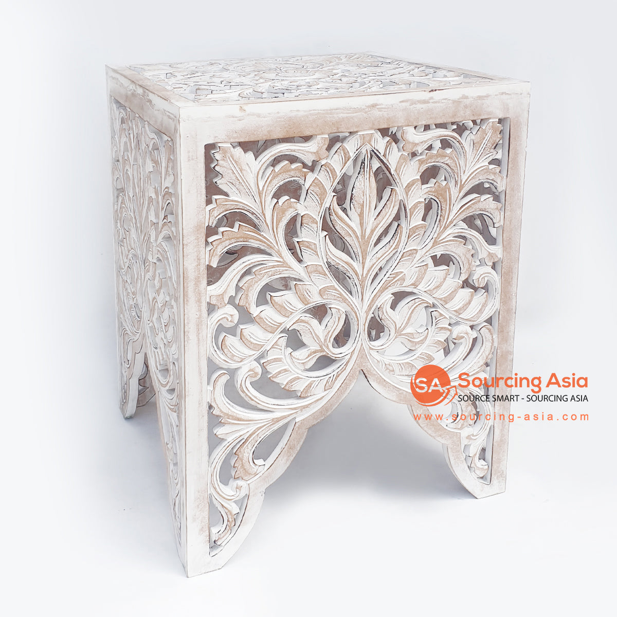LUHC043-1 WHITE MDF WOOD CARVED SIDE TABLE