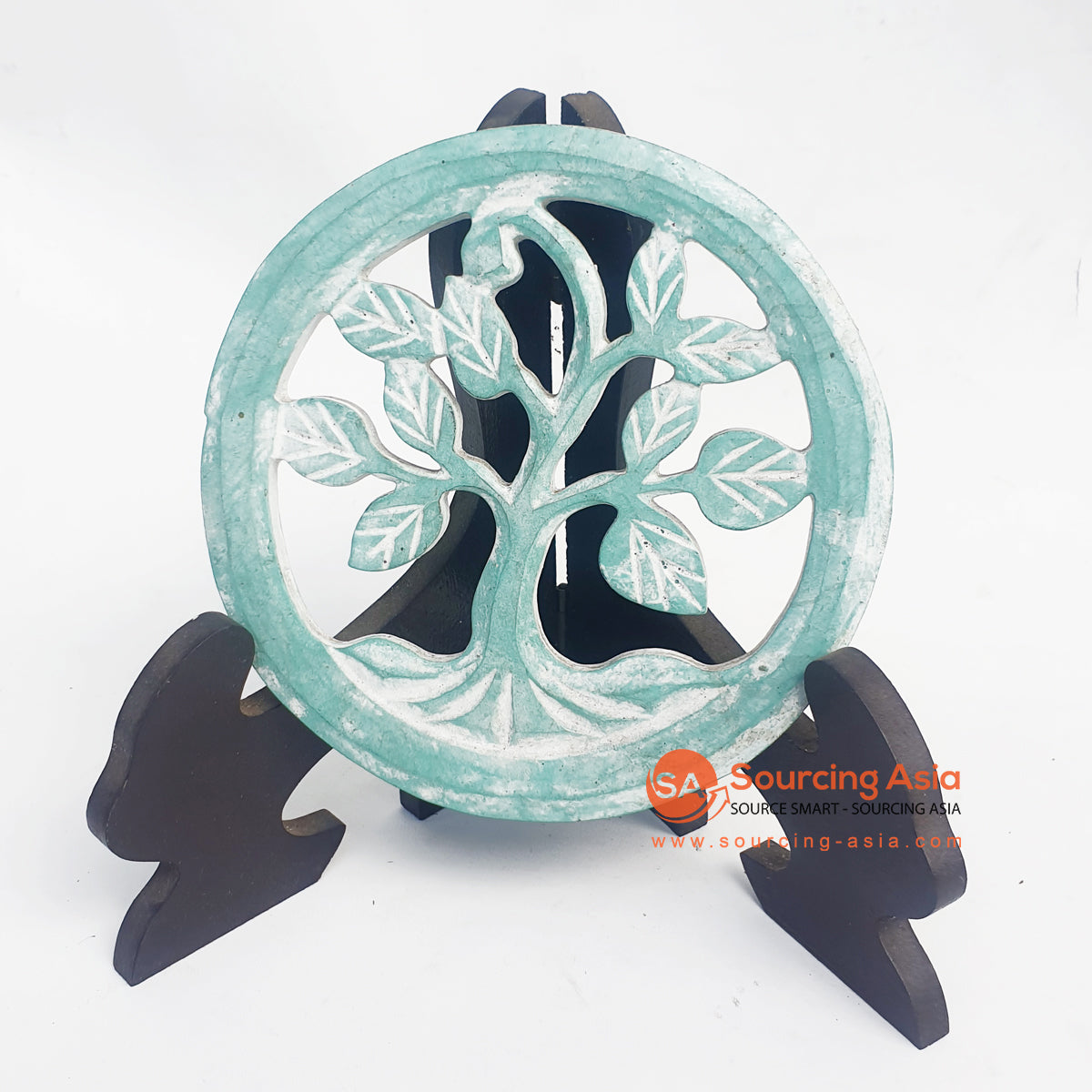 LUHC044-2 TURQUOISE WOODEN ROUND "TREE OF LIFE" ON STAND CARVED PANEL