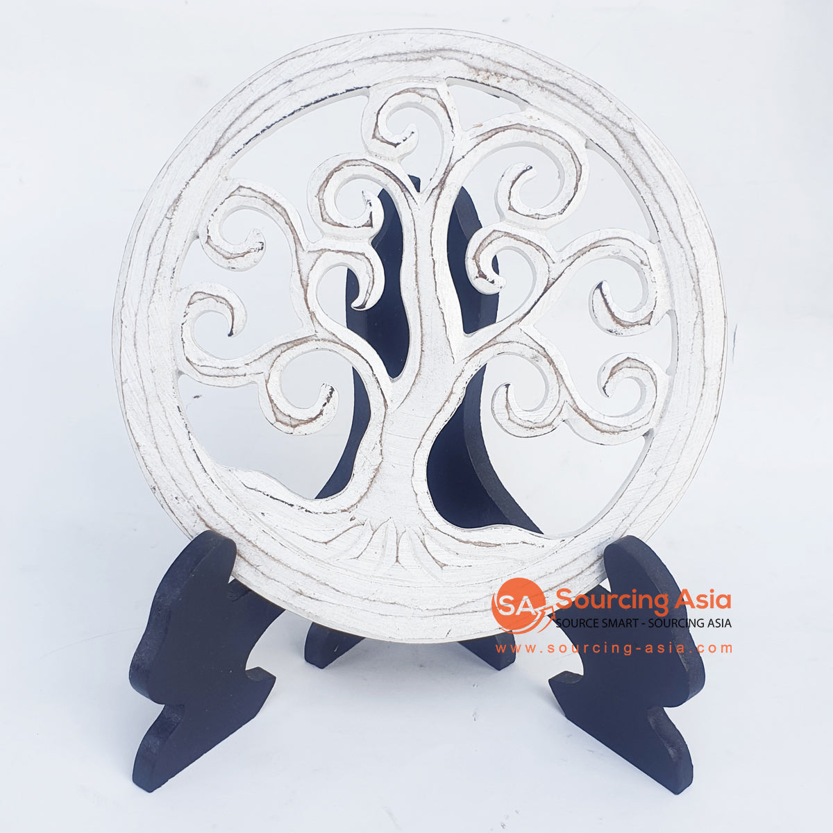 LUHC044 WHITE WOODEN ROUND "TREE OF LIFE" ON STAND CARVED PANEL