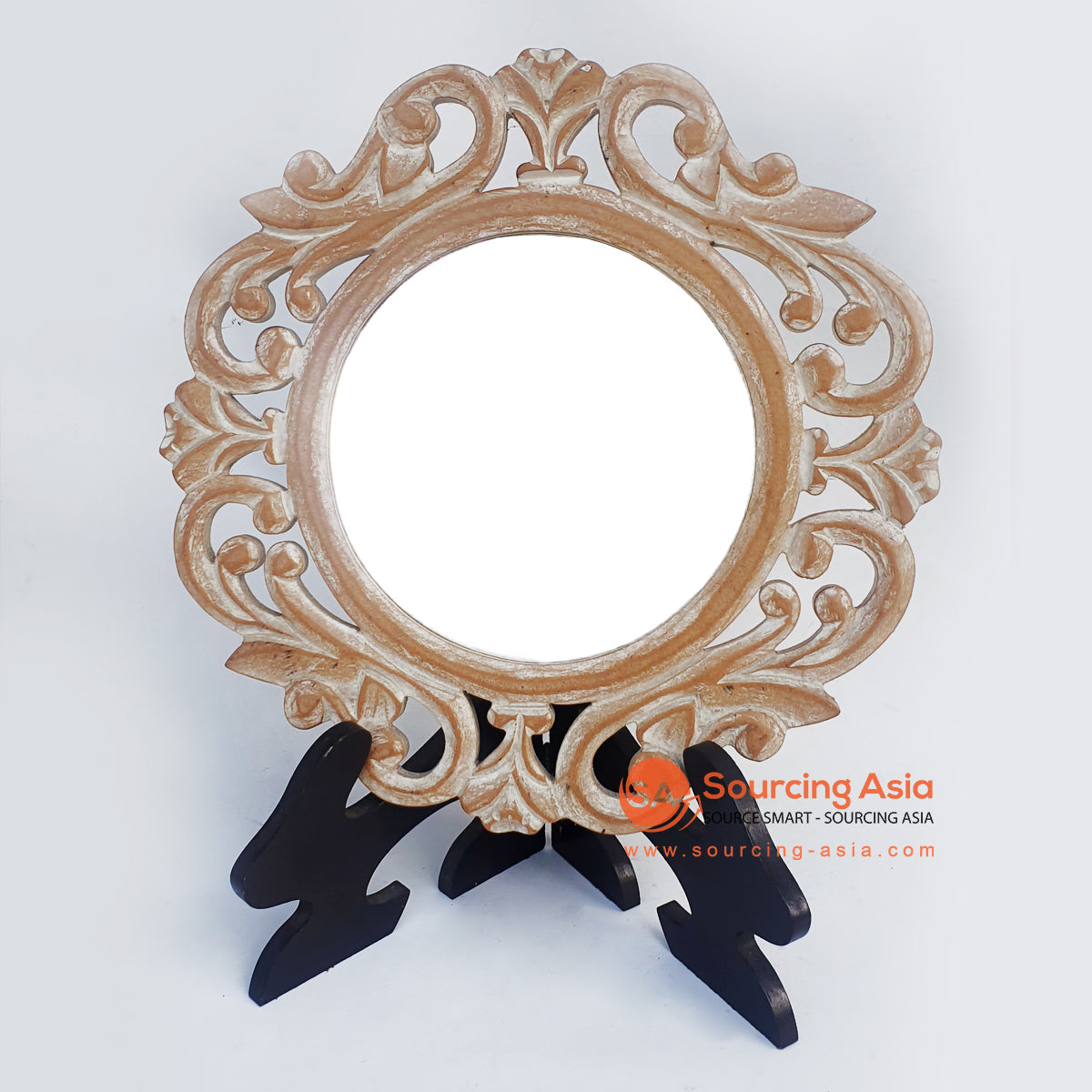 LUHC045-2 WOODEN ROUND CARVED MIRROR ON STAND