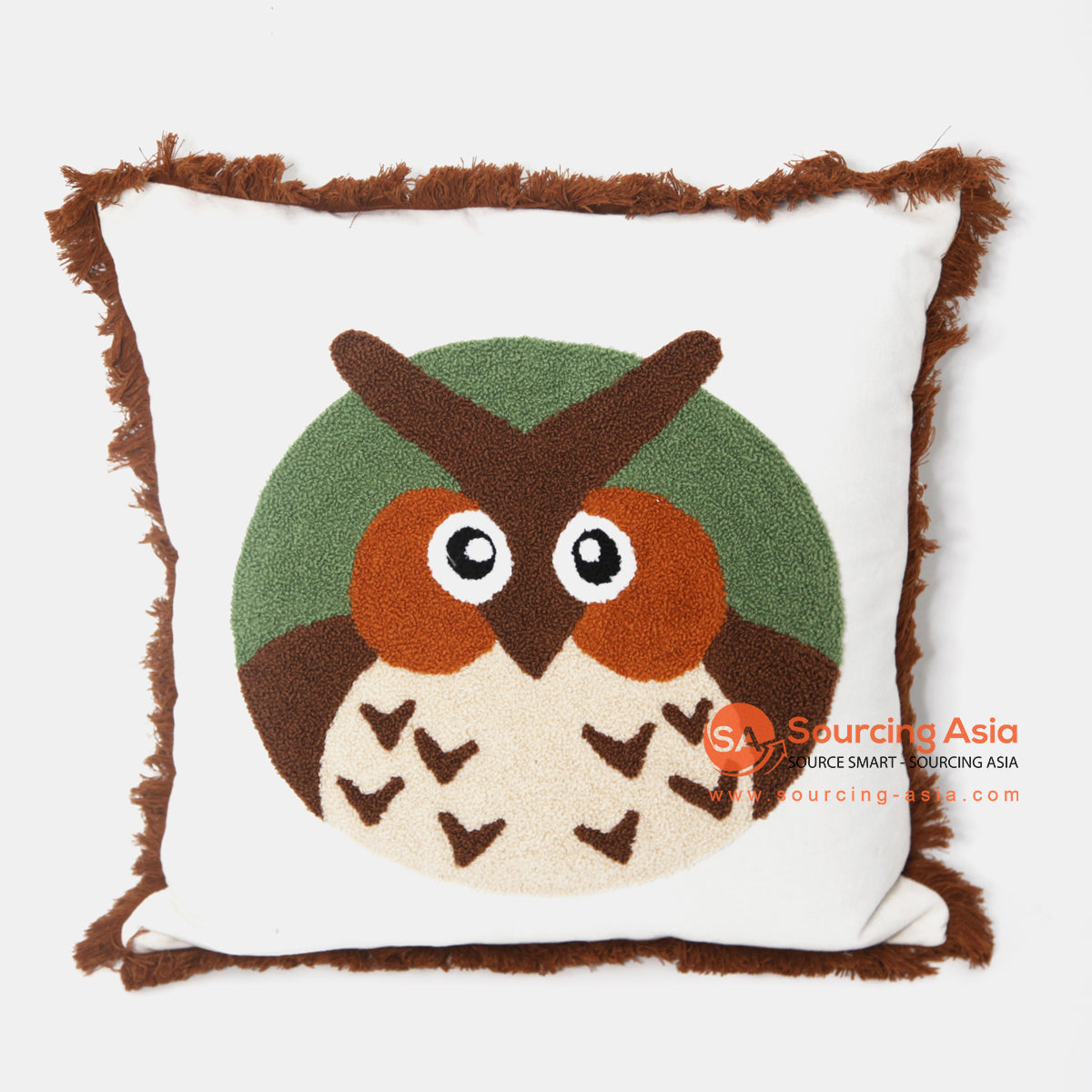 MAC018 OFF WHITE COTTON OWL CUSHION WITH FRINGE (PRICE WITHOUT INNER)