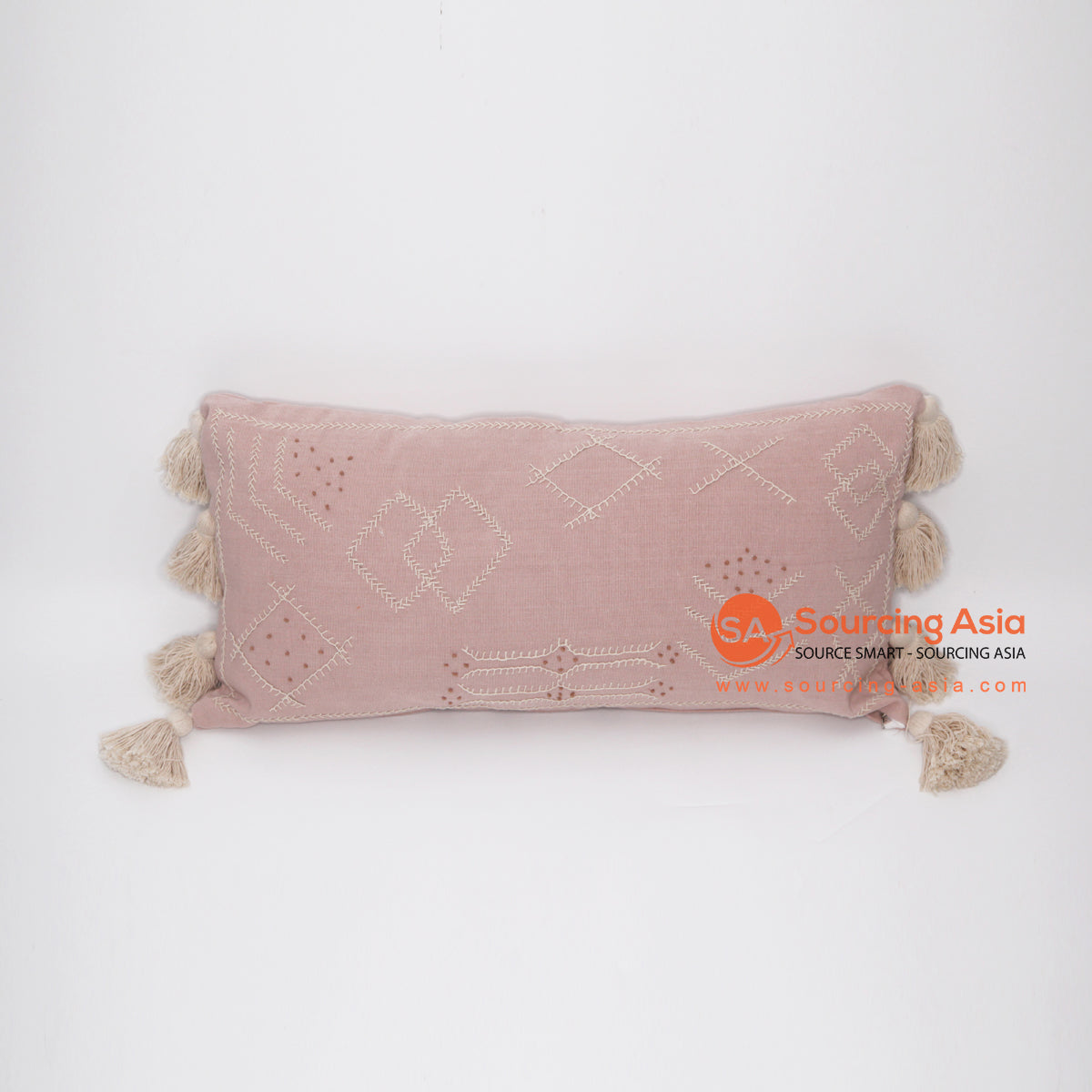 MAC022 BLUSH PINK HARD EMBROIDERY COTTON RECTANGULAR CUSHION WITH TASSEL (PRICE WITHOUT INNER)