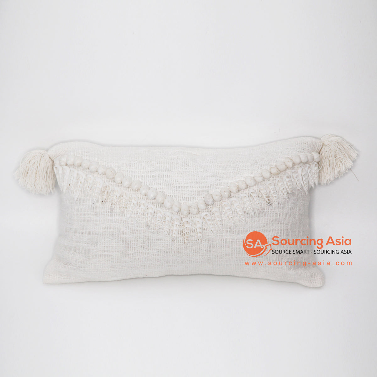 MAC025 WHITE RAW COTTON AND SHELL RECTANGULAR CUSHION WITH FRINGE (PRICE WITHOUT INNER)