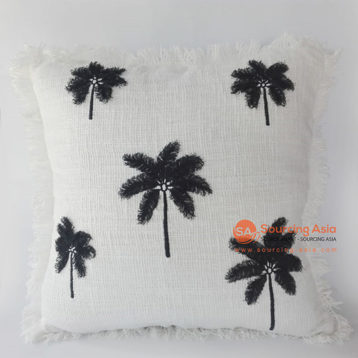 MAC046-1 OFF WHITE RAW COTTON 3D EMBROIDERY COCONUT TREE SQUARE CUSHION WITH FRINGE (PRICE WITHOUT INNER)