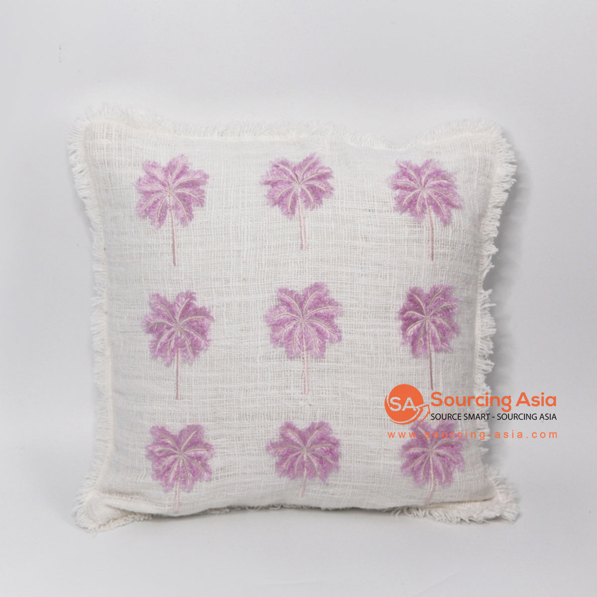 MAC048 WHITE RAW COTTON 3D EMBROIDERY PINK COCONUT TREE SQUARE CUSHION (PRICE WITHOUT INNER)