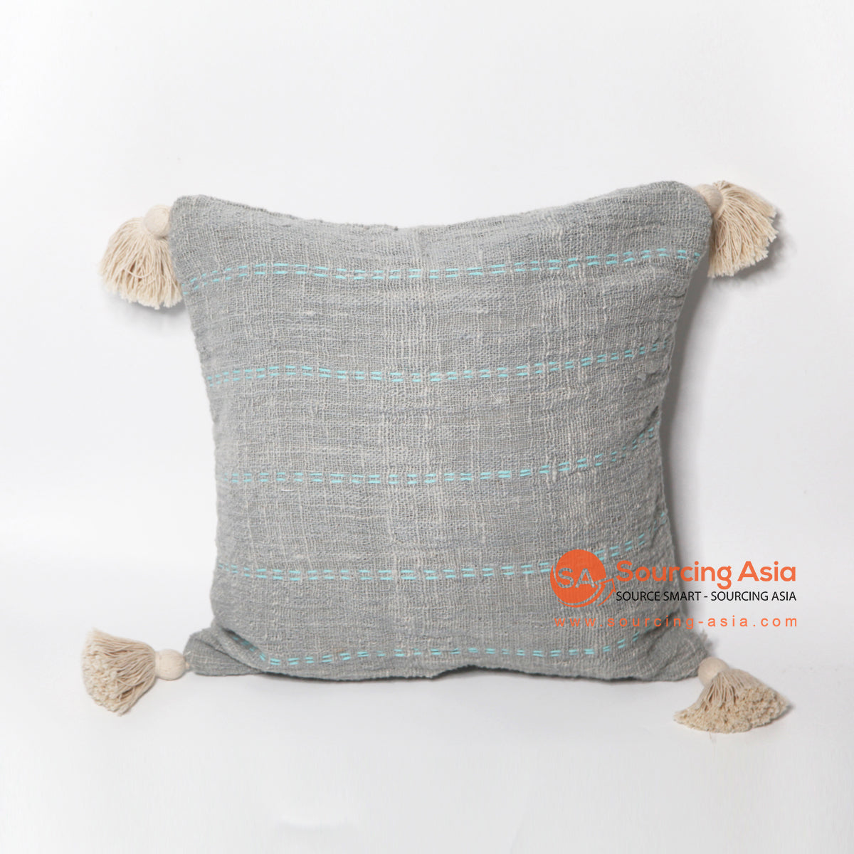 MAC056 BLUE HAND STITCHED RAW COTTON SQUARE CUSHION WITH NATURAL TASSEL (PRICE WITHOUT INNER)