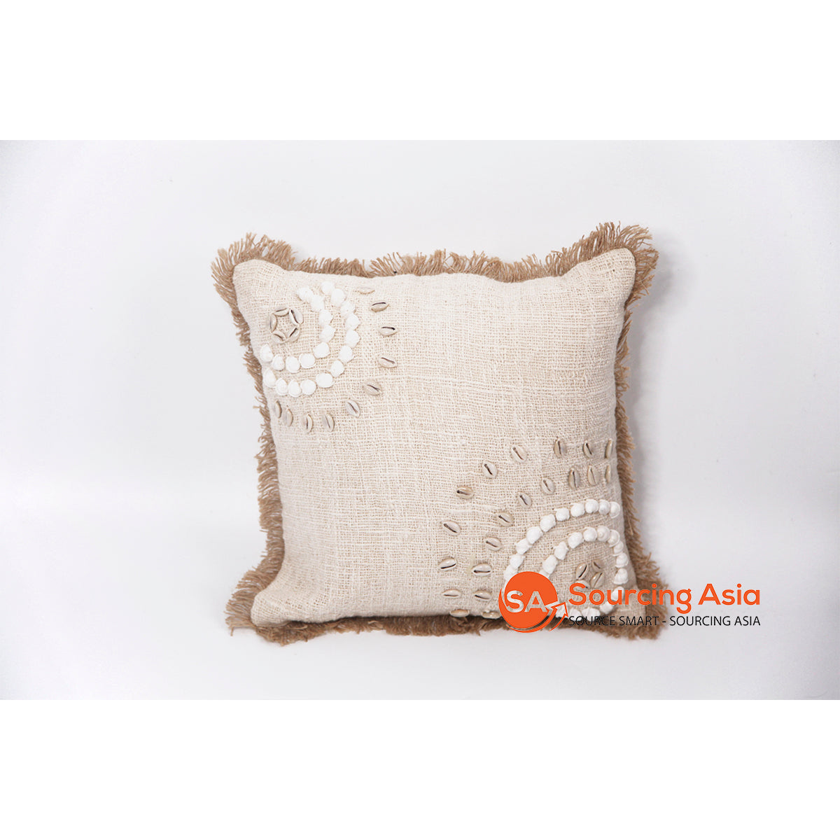 MAC060-1 NATURAL RAW COTTON AND SHELL SQUARE COVER CUSHION WITH FRINGE