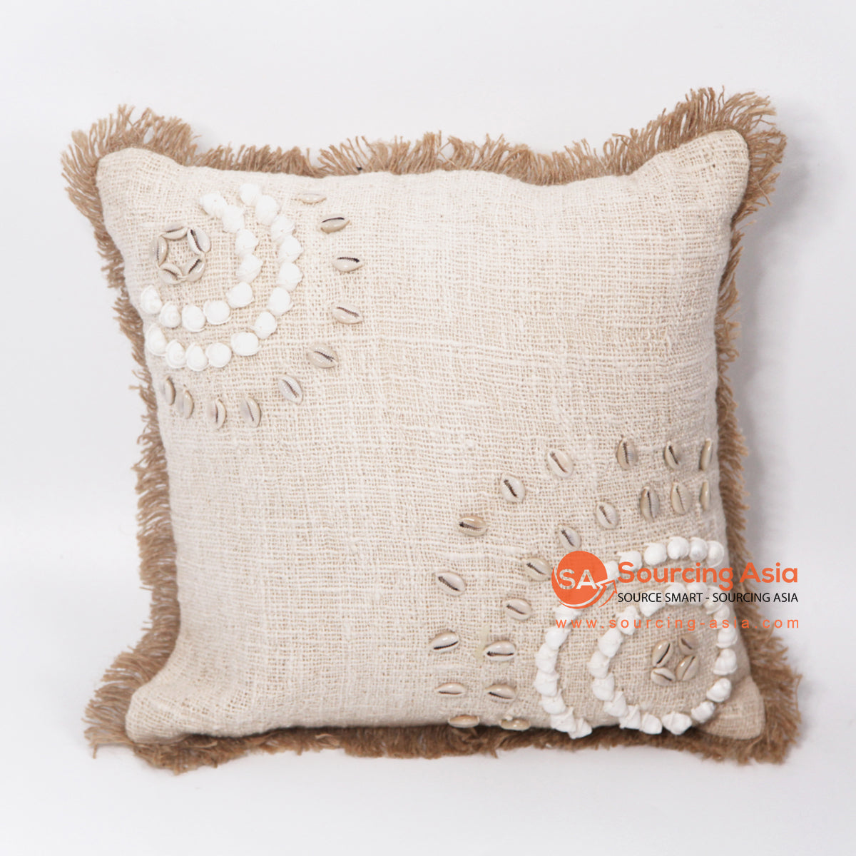 MAC060 NATURAL RAW COTTON AND SHELL SQUARE COVER CUSHION WITH FRINGE