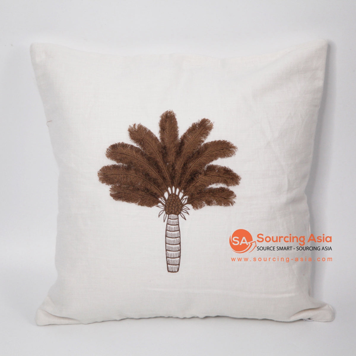 MAC071 OFF WHITE COTTON LINEN WITH BROWN COCONUT TREE SQUARE CUSHION (PRICE WITHOUT INNER)