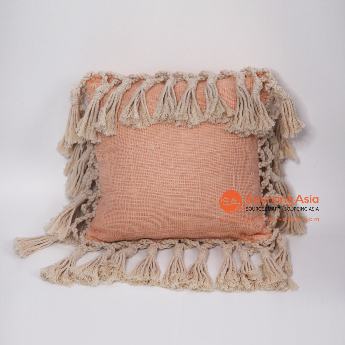 MAC077 ORANGE RAW COTTON SQUARE CUSHION WITH MACRAME EDGING (PRICE WITHOUT INNER)