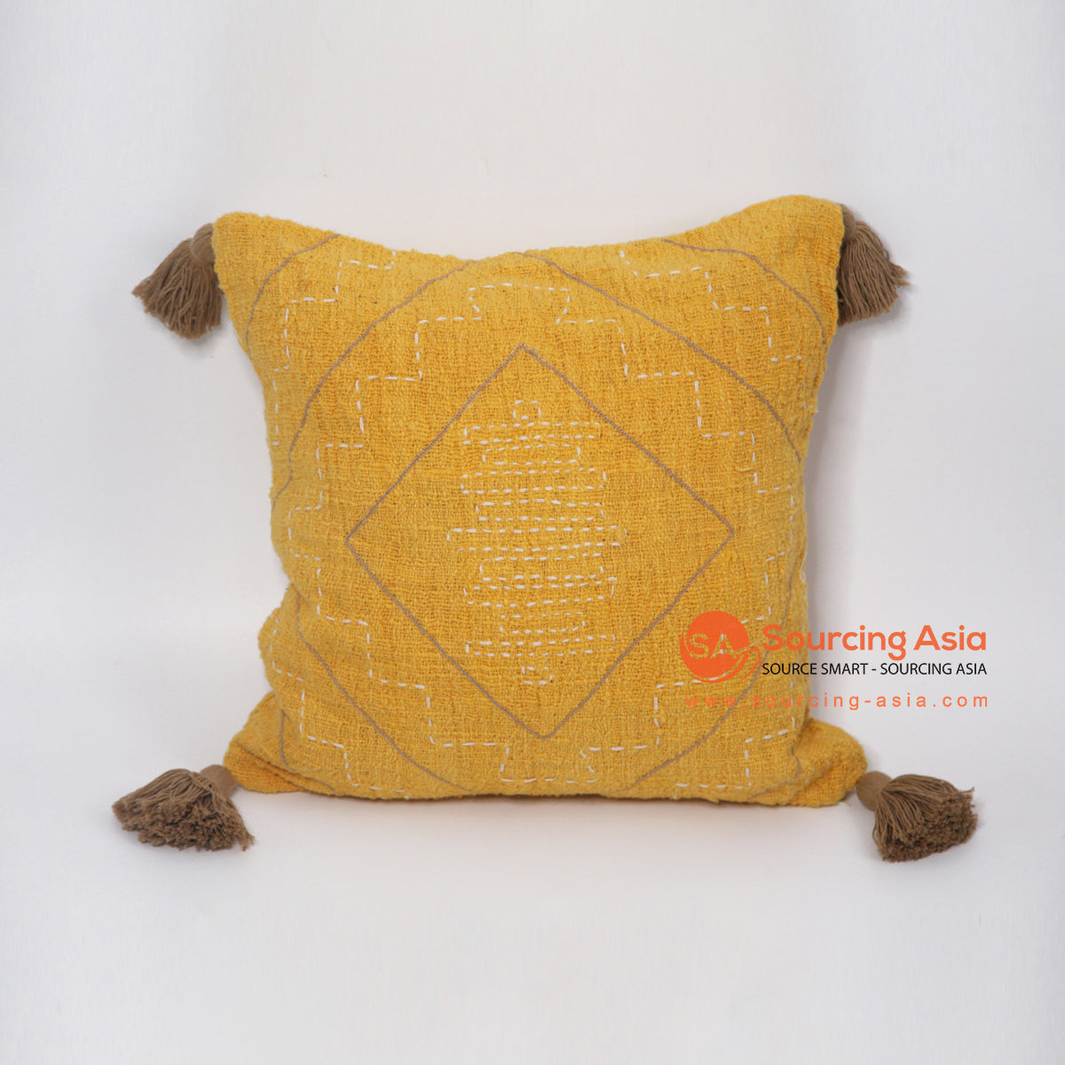 MAC082 TURMERIC HAND STITCHED RAW COTTON SQUARE CUSHION WITH TASSEL (PRICE WITHOUT INNER)