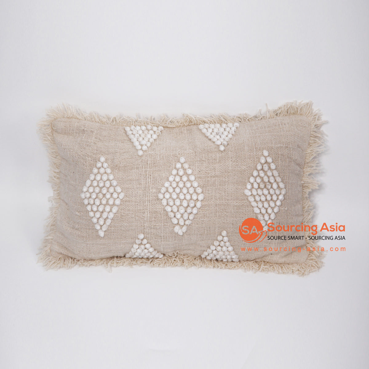 MAC091 NATURAL RAW COTTON AND WHITE MOTIVES RECTANGULAR CUSHION WITH FRINGE (PRICE WITHOUT INNER)