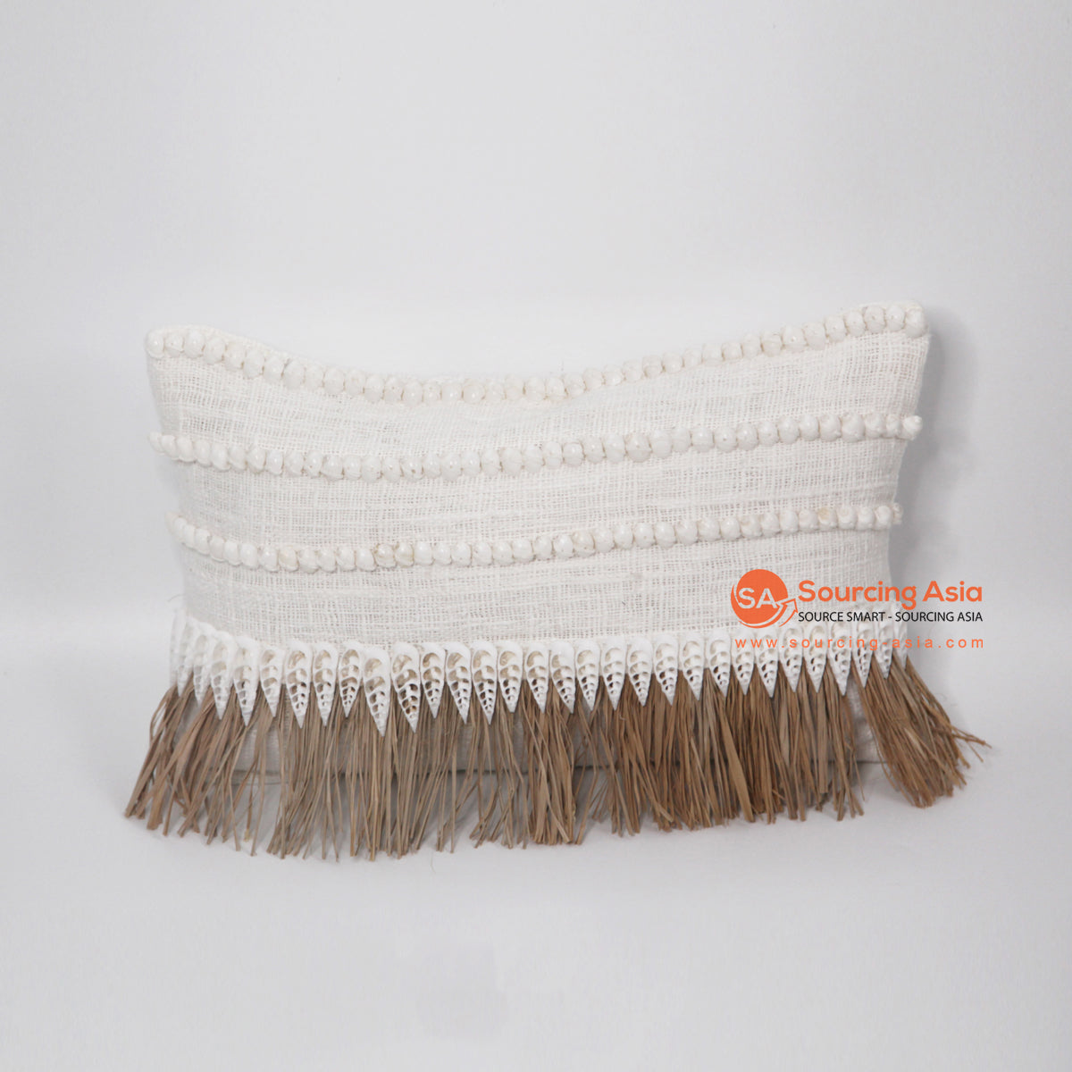 MAC093 WHITE RAW COTTON AND SHELL RECTANGULAR CUSHION WITH NATURAL FRINGE (PRICE WITHOUT INNER)
