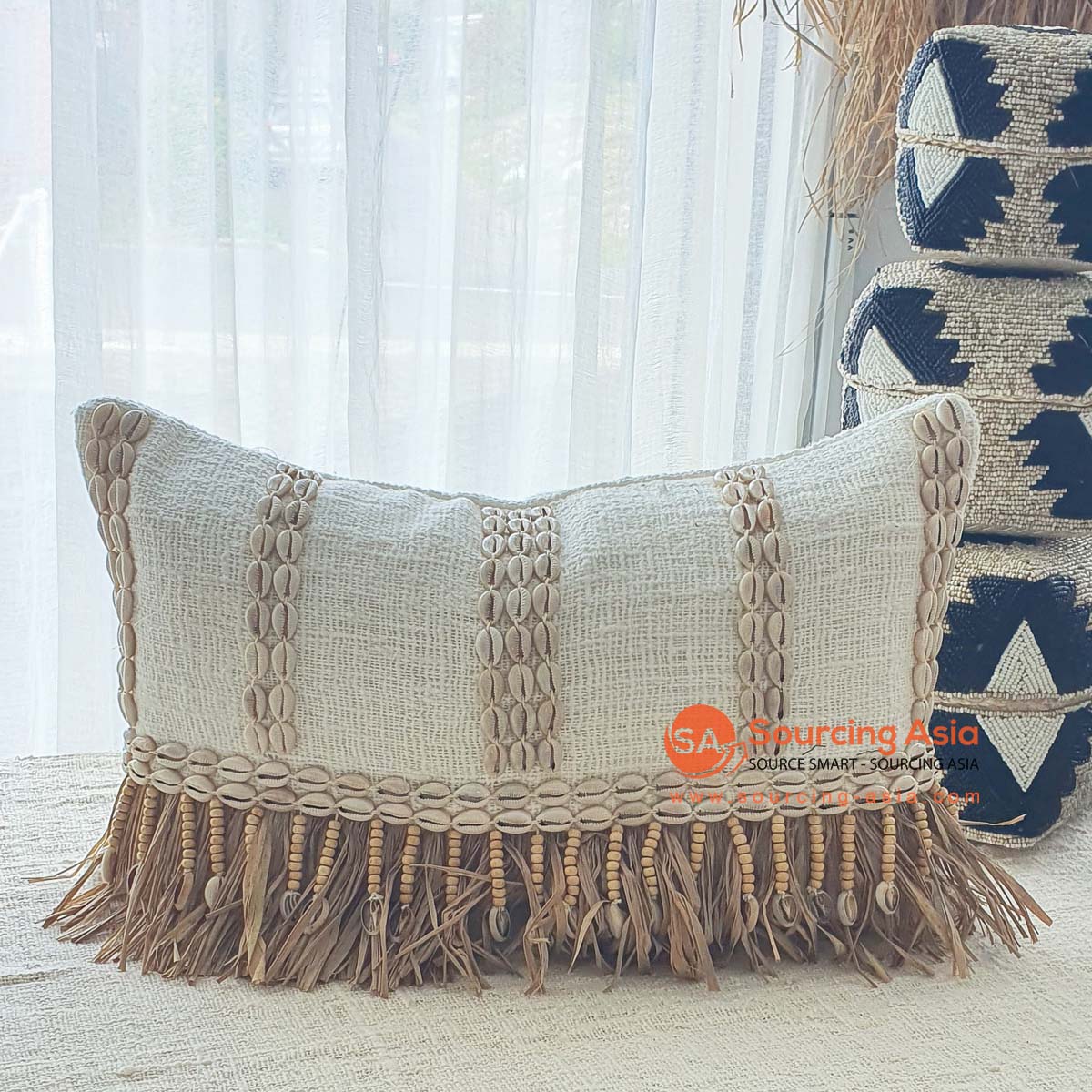 MAC126 COTTON LINEN COVER CUSHION WITH SHELL BEADS AND JUTE DECORATION (PRICE WITHOUT INNER)