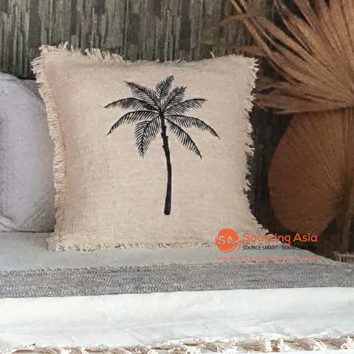 MAC131 NATURAL COTTON COVER CUSHION WITH BLACK EMBROIDERY COCONUT TREE (PRICE WITHOUT INNER)