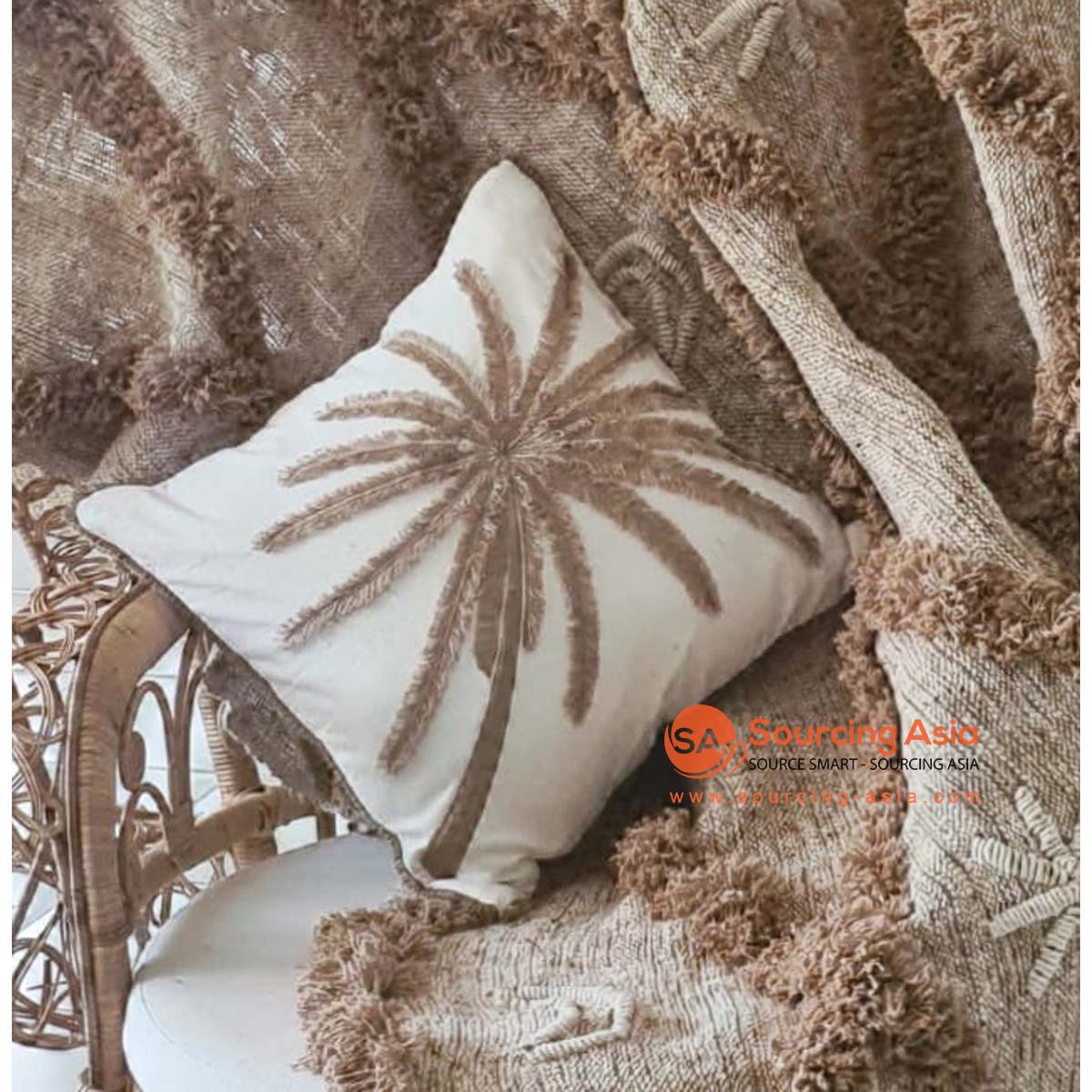 MAC135 OFF WHITE COTTON COVER CUSHION WITH 3D COCONUT TREE EMBROIDERY (PRICE WITHOUT INNER)