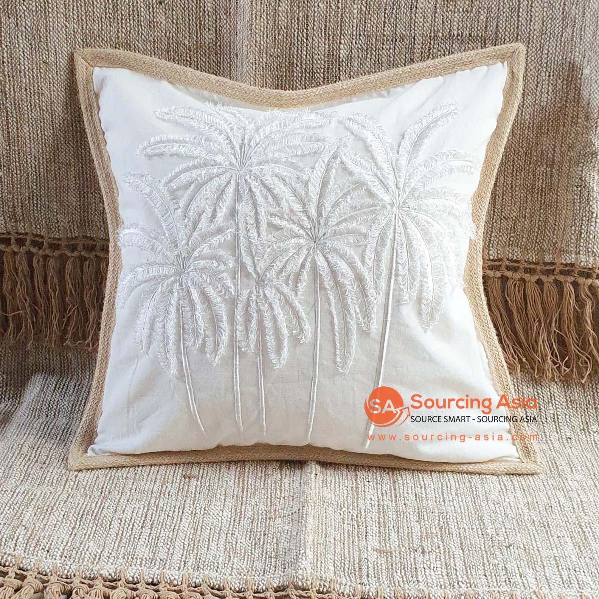 MAC143 OFF WHITE COTTON COVER CUSHION WITH 3D WHITE COCONUT TREES EMBROIDERY (PRICE WITHOUT INNER)