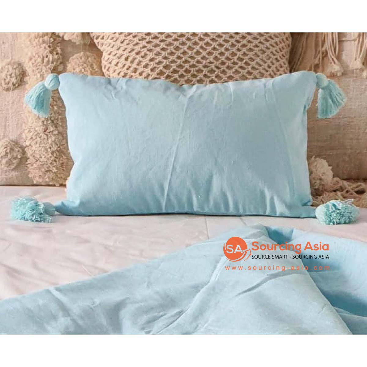 MAC146 AQUA MINT COTTON COVER CUSHION WITH TASSELS (PRICE WITHOUT INNER)