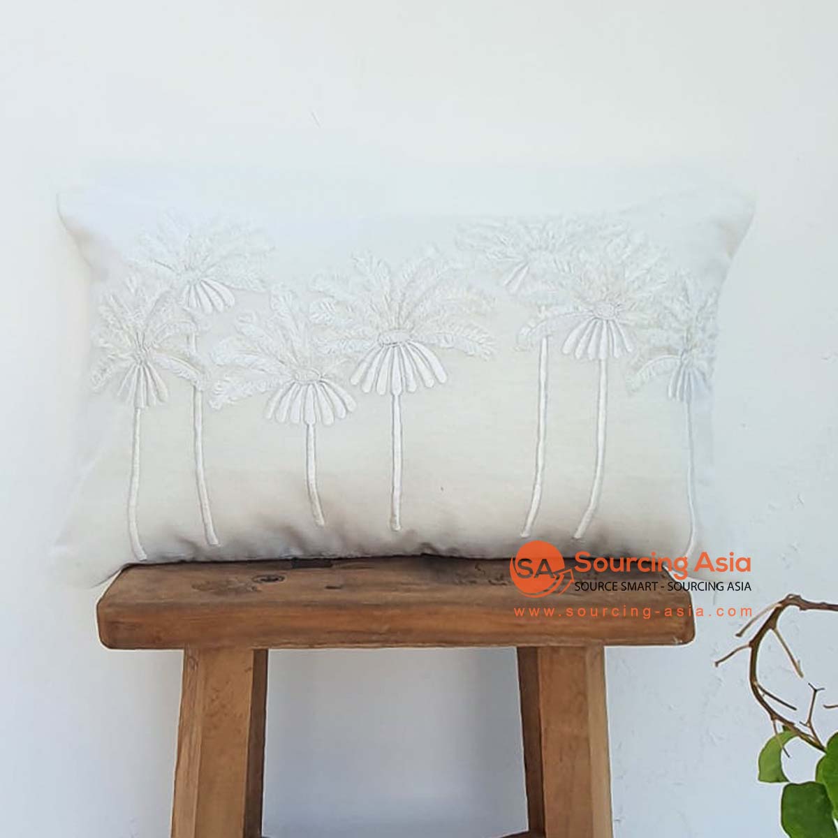 MAC155-1 OFF WHITE COTTON COVER CUSHION WITH PALM EMBROIDERY (PRICE WITHOUT INNER)