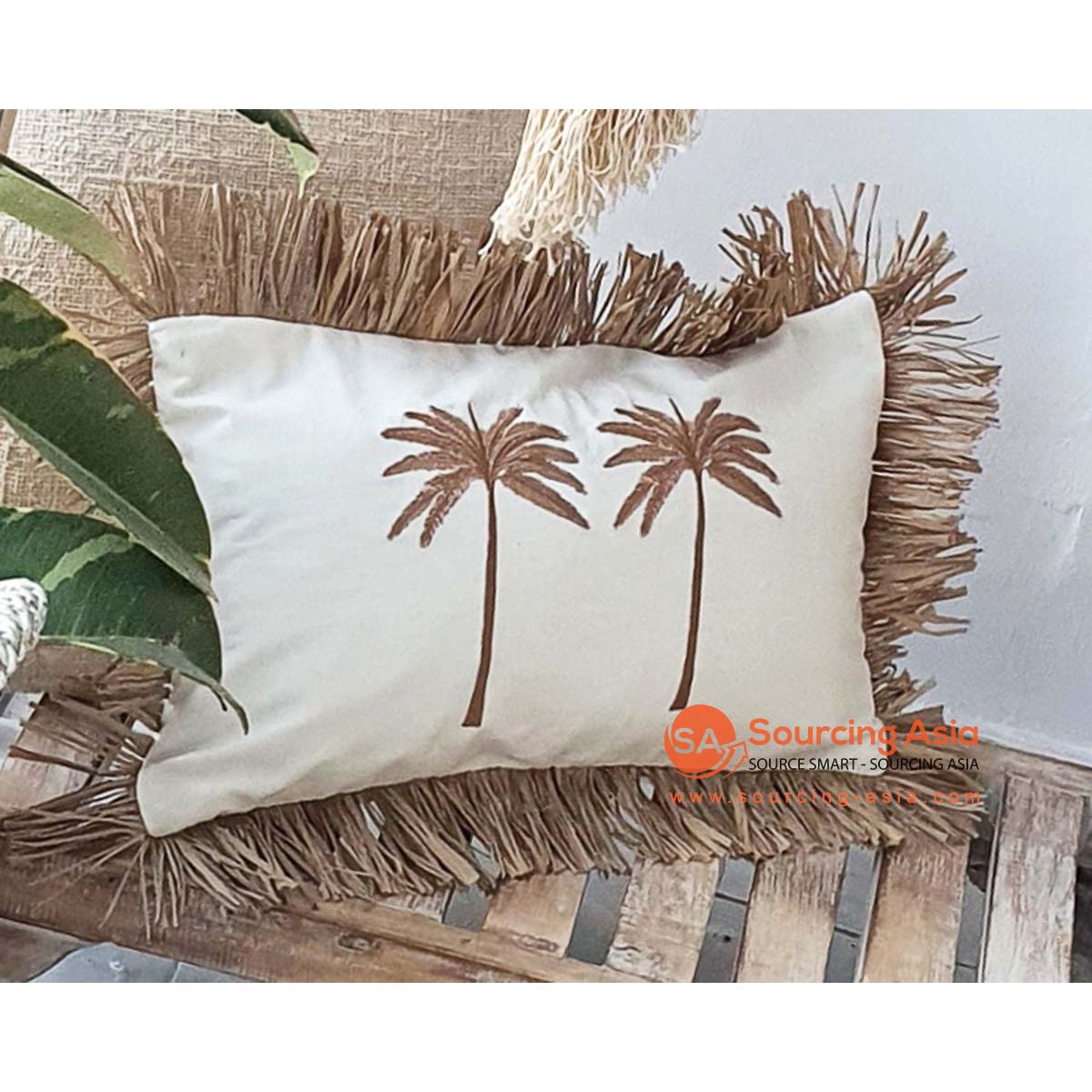 MAC162 COTTON COVER CUSHION WITH PALM EMBROIDERY AND FRINGE (PRICE WITHOUT INNER)