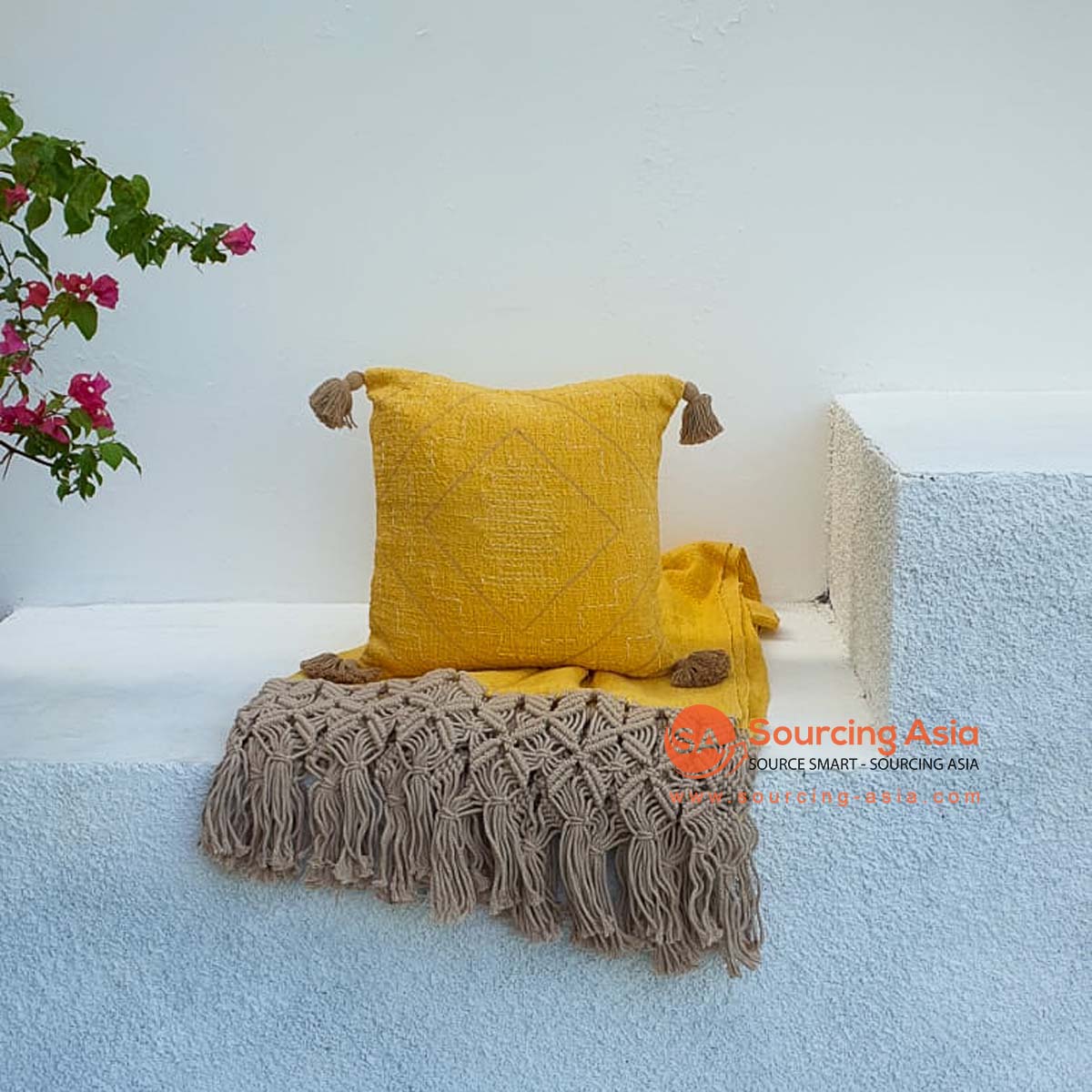 MAC171 MUSTARD COTTON COVER CUSHION WITH TASSELS (PRICE WITHOUT INNER)