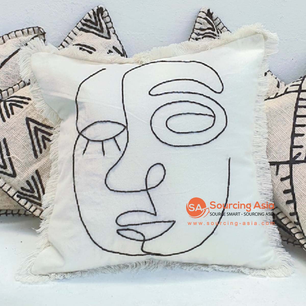 MAC177 OFF WHITE COTTON COVER CUSHION WITH ABSTRACT FACE (PRICE WITHOUT INNER)