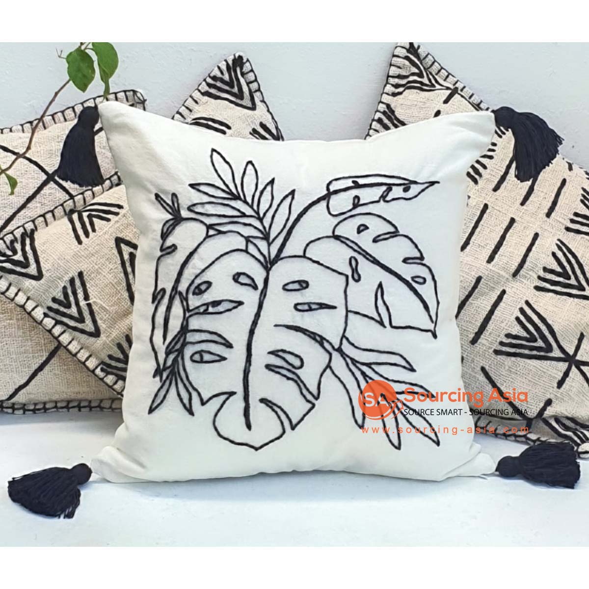 MAC180 OFF WHITE COTTON COVER CUSHION WITH EMBROIDERY AND TASSELS (PRICE WITHOUT INNER)