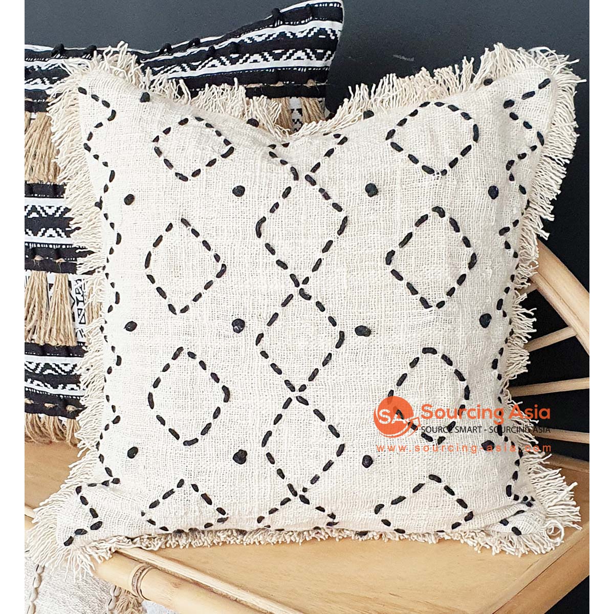 MAC185 NATURAL COTTON COVER CUSHION WITH BLACK HAND STITCHING AND FRINGE (PRICE WITHOUT INNER)