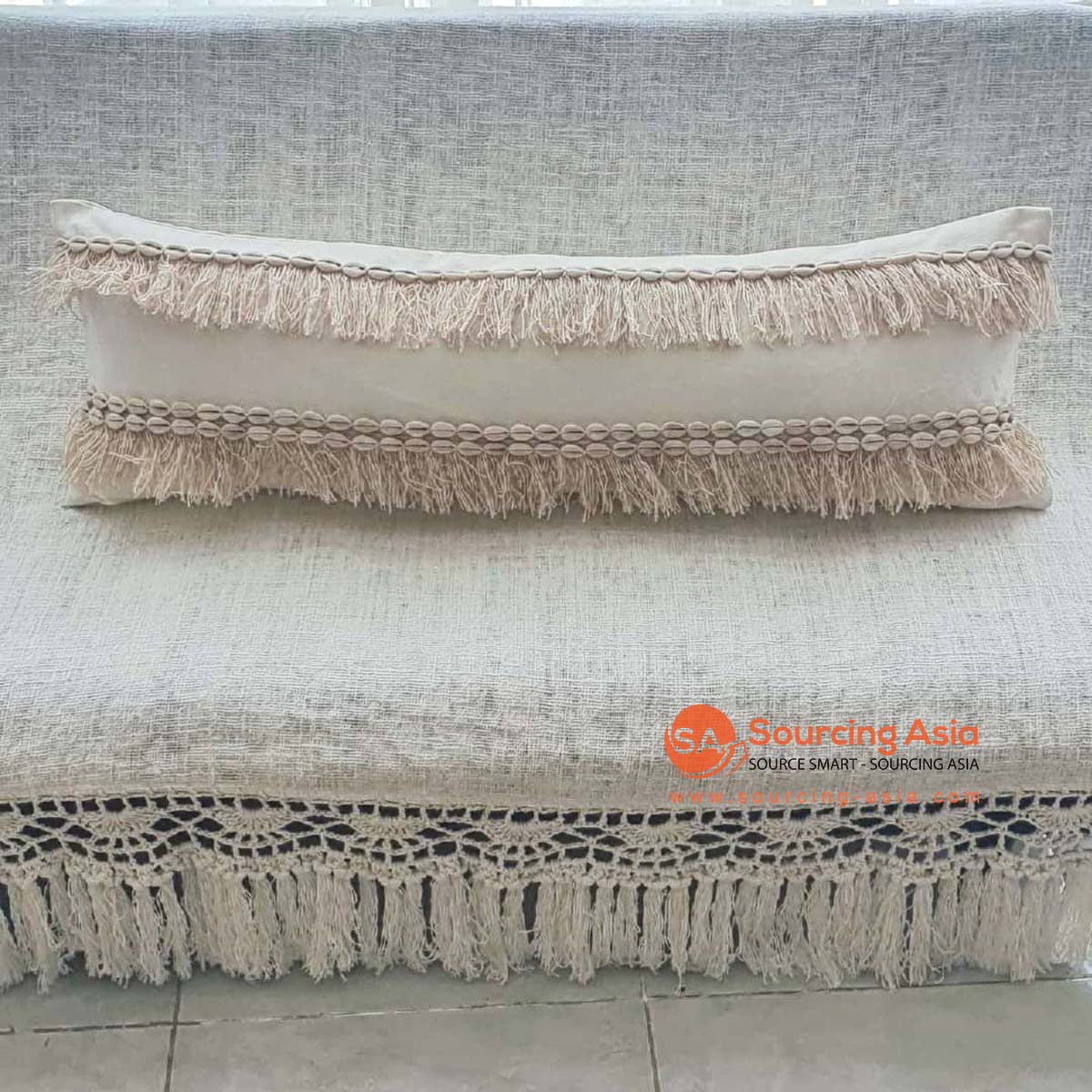 MAC188 OFF WHITE COTTON CUSHION COVER WITH FRINGE AND SHELLS (PRICE WITHOUT INNER)