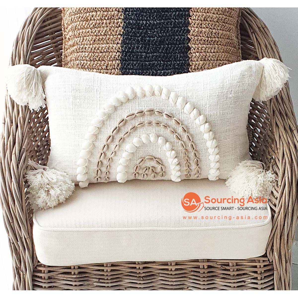 MAC198 OFF WHITE COTTON CUSHION COVER WITH SHELLS AND TASSELS (PRICE WITHOUT INNER)