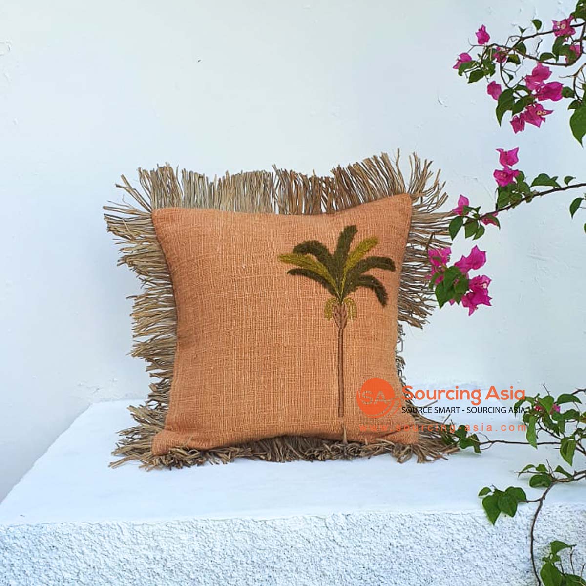 MAC200 APRICOT COTTON COVER CUSHION WITH PALM TREE EMBROIDERY AND STRAW FRINGE (PRICE WITHOUT INNER)