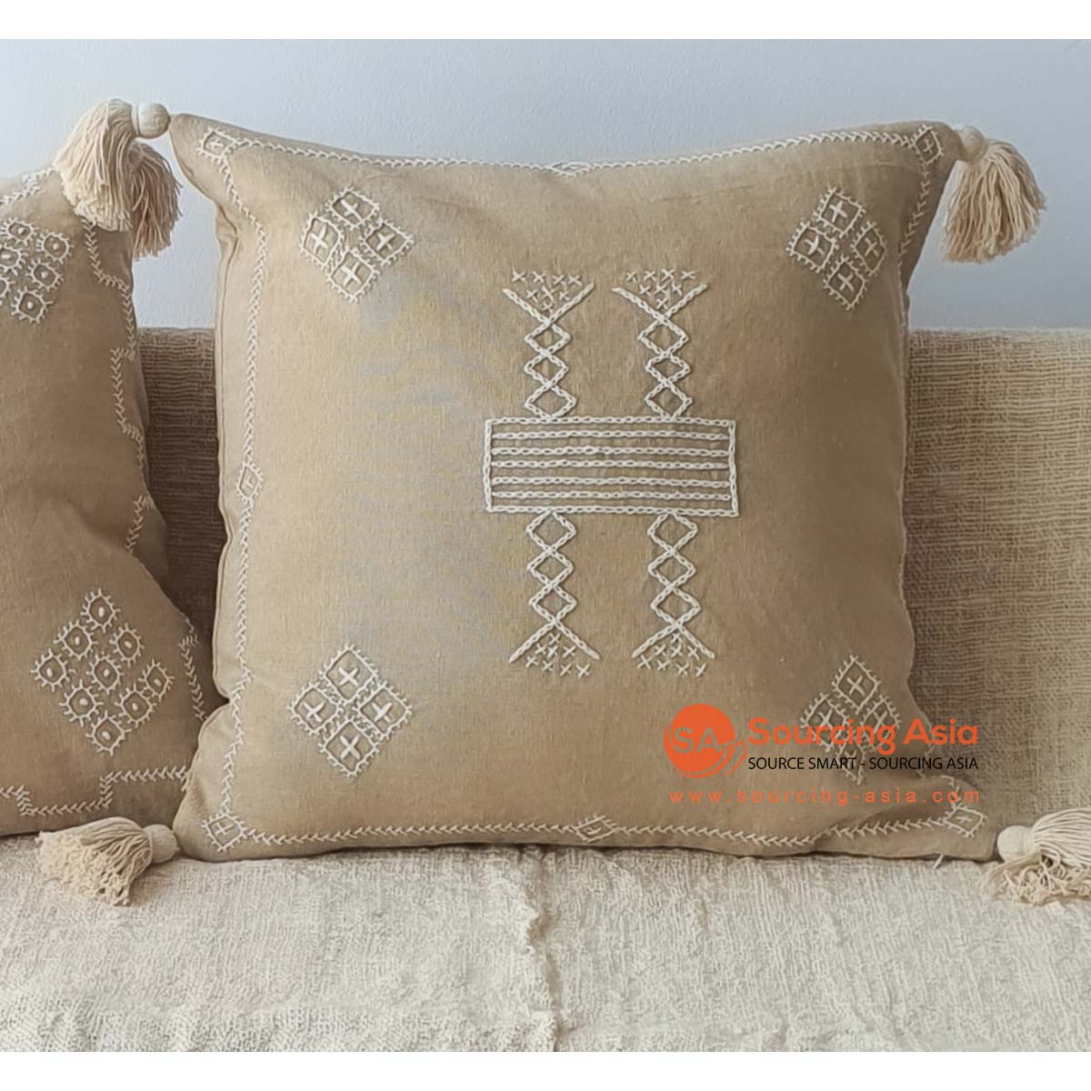 MAC201 LIGHT BROWN COTTON CUSHION COVER WITH HAND EMBROIDERY AND TASSELS (PRICE WITHOUT INNER)