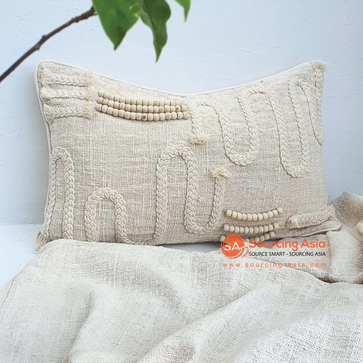 MAC211 NATURAL COTTON COVER CUSHION WITH WOODEN BEADS (PRICE WITHOUT INNER)