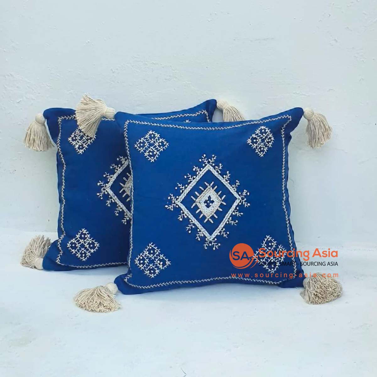 MAC212-1 COBALT BLUE COTTON COVER CUSHION WITH EMBROIDERY AND TASSELS (PRICE WITHOUT INNER)