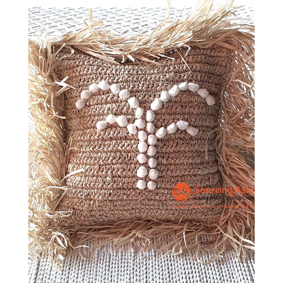 MAC213 NATURAL STRAW COVER CUSHION WITH SHELLS AND FRINGE (PRICE WITHOUT INNER)